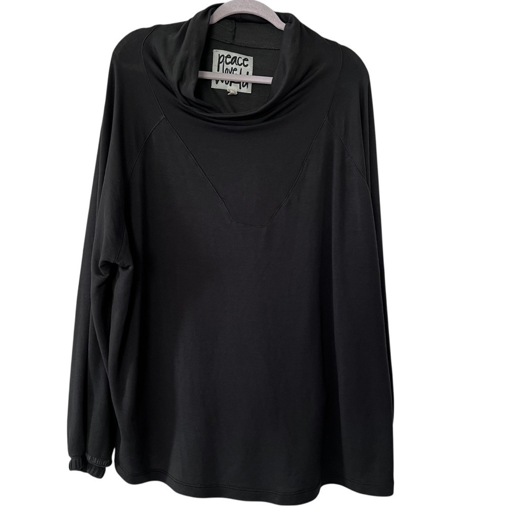 Peace Love World Oversized Drawstring Top in Olive Green size 1X